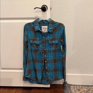 Mossimo Supply Co. Blue and Brown Plaid Button-Up Shirt